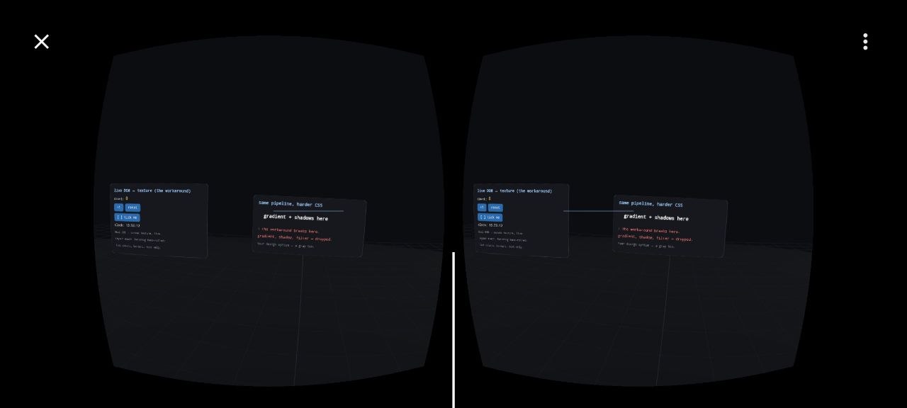 The same three-panel scene inside an immersive WebXR session on a phone, shown as a stereo pair. Only two panels remain, the two HTMLMesh ones. The CSS3DRenderer panel that stood on the right in the desktop shot is gone.